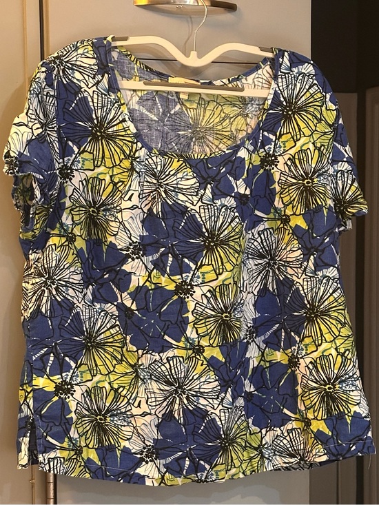 Choices Tops - Choices Blue & Yellow Floral Scoop Neck Short Sleeve Top
